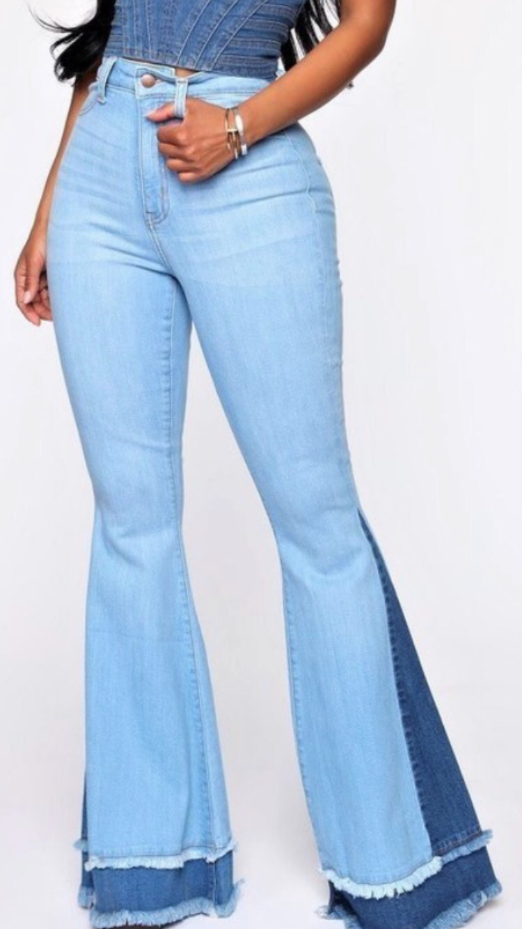 High Rise Two Toned Flare Jeans with Frayed Hem